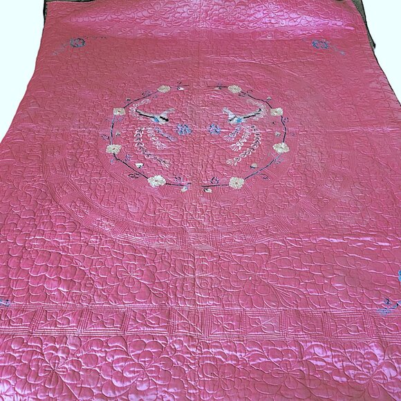 COPY - Vintage Embroidered  Quilted Satin Bedspread Twin Size READ DESCRIPTION - Picture 1 of 8